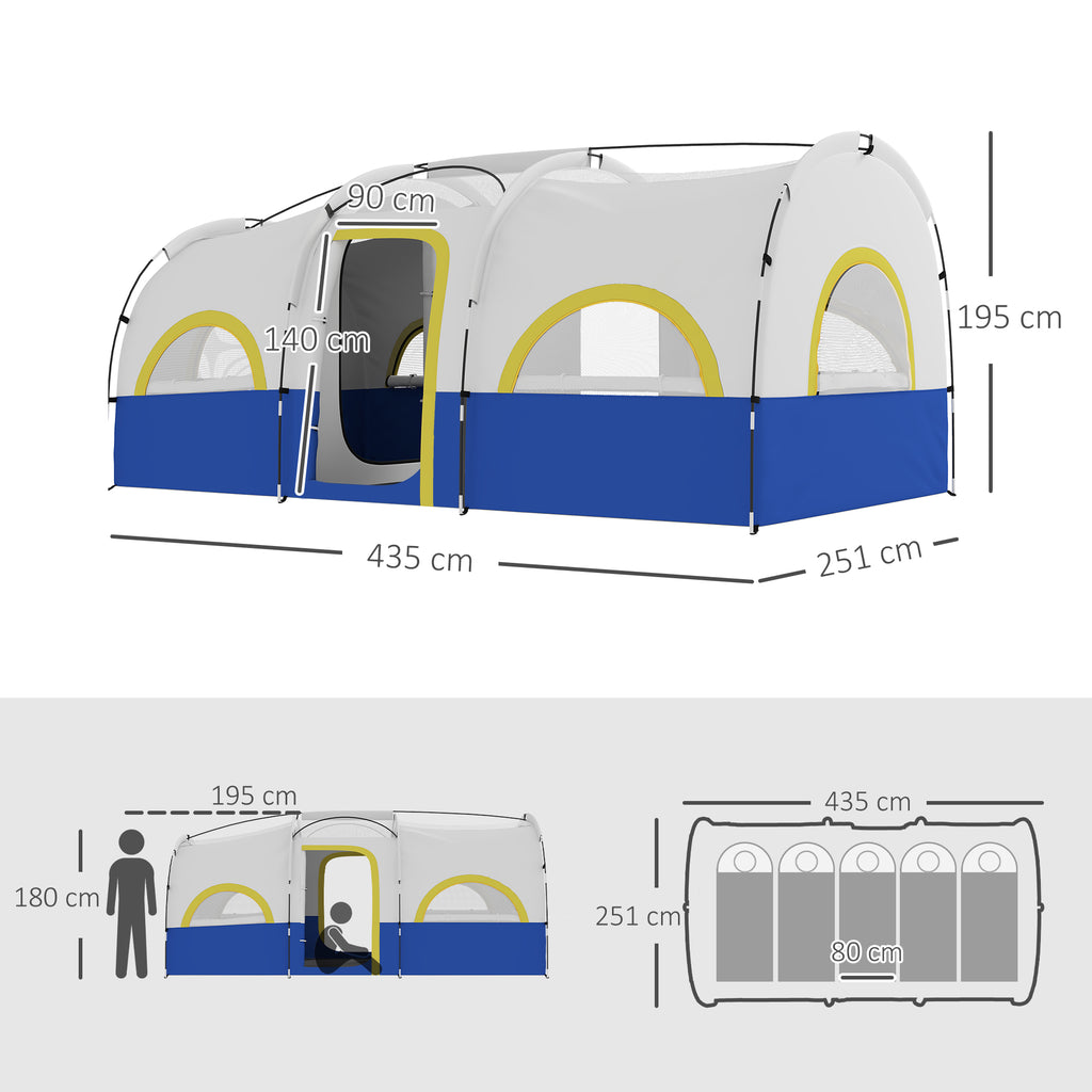 Tenda de Campismo Familiar Tipo Túnel Tenda para 4-6 Pessoas Impermeável 3.000 mm Tenda de Campismo Dobrável com 2 Quartos e Saco de Transporte 435x251x195 cm Azul e Cinzento