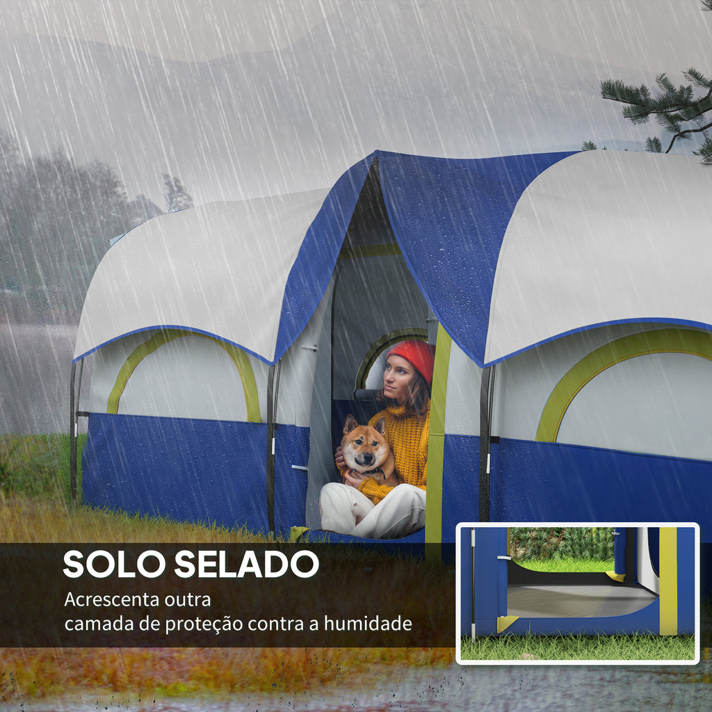 Tenda de Campismo Familiar Tipo Túnel Tenda para 4-6 Pessoas Impermeável 3.000 mm Tenda de Campismo Dobrável com 2 Quartos e Saco de Transporte 435x251x195 cm Azul e Cinzento