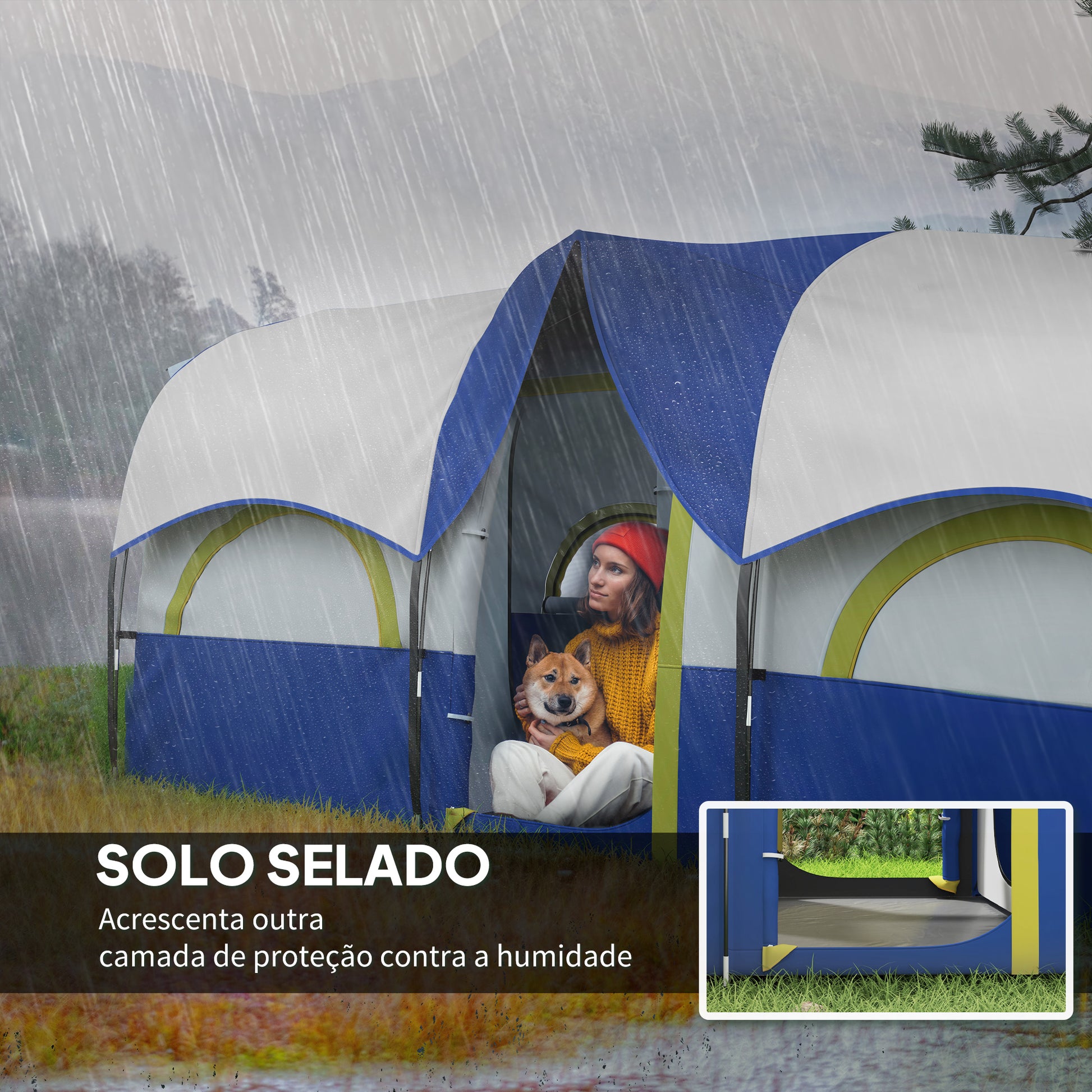 Tenda de Campismo Familiar Tipo Túnel Tenda para 4-6 Pessoas Impermeável 3.000 mm Tenda de Campismo Dobrável com 2 Quartos e Saco de Transporte 435x251x195 cm Azul e Cinzento