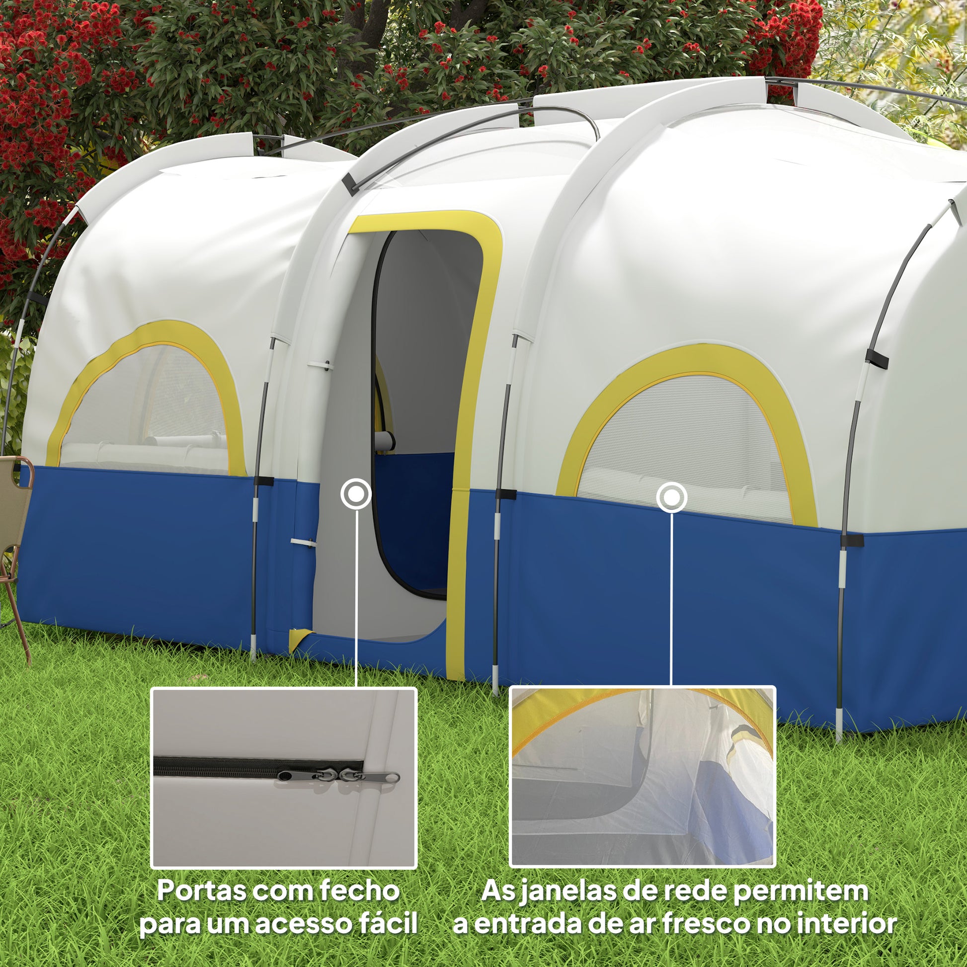 Tenda de Campismo Familiar Tipo Túnel Tenda para 4-6 Pessoas Impermeável 3.000 mm Tenda de Campismo Dobrável com 2 Quartos e Saco de Transporte 435x251x195 cm Azul e Cinzento