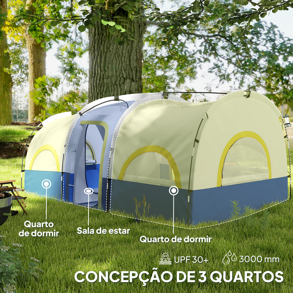 Tenda de Campismo Familiar Tipo Túnel Tenda para 4-6 Pessoas Impermeável 3.000 mm Tenda de Campismo Dobrável com 2 Quartos e Saco de Transporte 435x251x195 cm Azul e Cinzento