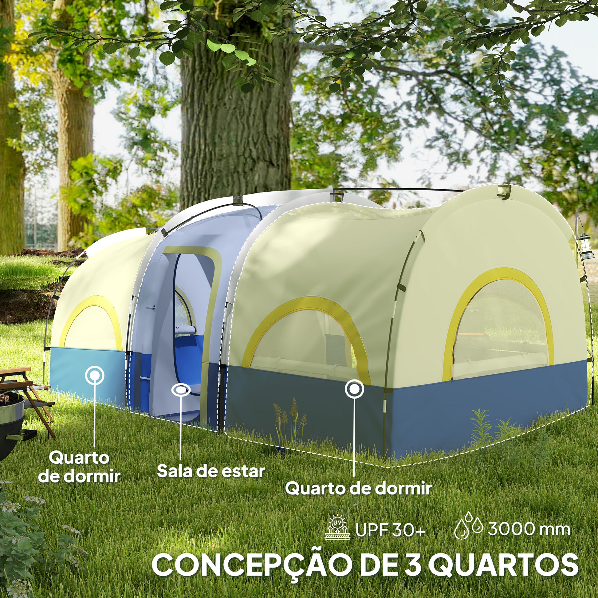 Tenda de Campismo Familiar Tipo Túnel Tenda para 4-6 Pessoas Impermeável 3.000 mm Tenda de Campismo Dobrável com 2 Quartos e Saco de Transporte 435x251x195 cm Azul e Cinzento