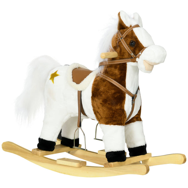 Cavalo Baloiço para Crianças acima de 3 Anos Cavalo Baloiço de Brincar com Música Som e Função de Movimento da Cauda Carga 30 kg 68x26x62 cm Marrom e Branco