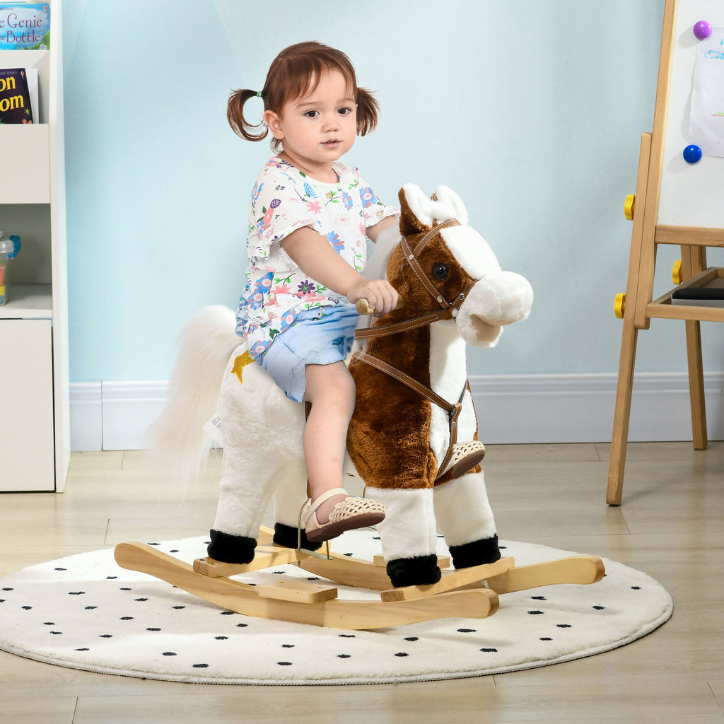 Cavalo Baloiço para Crianças acima de 3 Anos Cavalo Baloiço de Brincar com Música Som e Função de Movimento da Cauda Carga 30 kg 68x26x62 cm Marrom e Branco