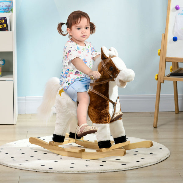 Cavalo Baloiço para Crianças acima de 3 Anos Cavalo Baloiço de Brincar com Música Som e Função de Movimento da Cauda Carga 30 kg 68x26x62 cm Marrom e Branco