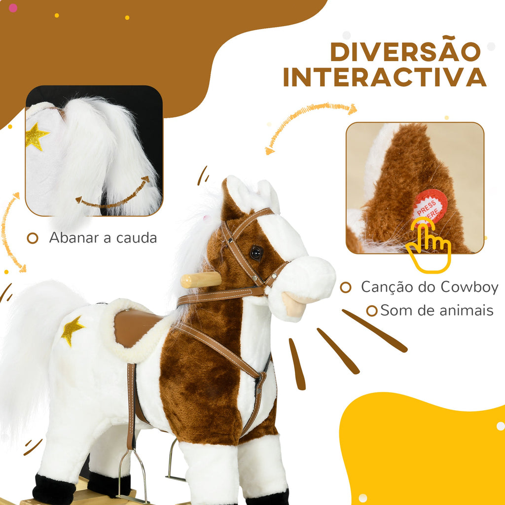 Cavalo Baloiço para Crianças acima de 3 Anos Cavalo Baloiço de Brincar com Música Som e Função de Movimento da Cauda Carga 30 kg 68x26x62 cm Marrom e Branco