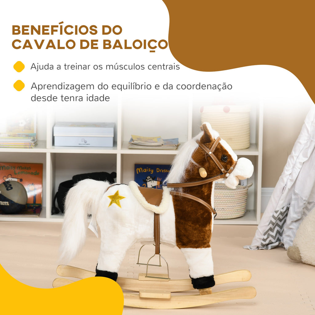 Cavalo Baloiço para Crianças acima de 3 Anos Cavalo Baloiço de Brincar com Música Som e Função de Movimento da Cauda Carga 30 kg 68x26x62 cm Marrom e Branco