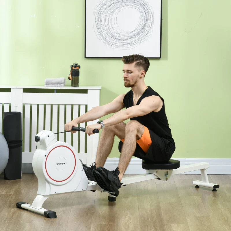 SPORTNOW Máquina de Remo Magnético Máquina de Remo Dobrável com Resistência de 8 Níveis Ecrã LCD e 2 Rodas de Transporte para Ginásio Carga Máxima 130 kg 180x48x60 cm Branco