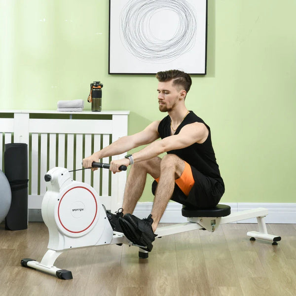 SPORTNOW Máquina de Remo Magnético Máquina de Remo Dobrável com Resistência de 8 Níveis Ecrã LCD e 2 Rodas de Transporte para Ginásio Carga Máxima 130 kg 180x48x60 cm Branco