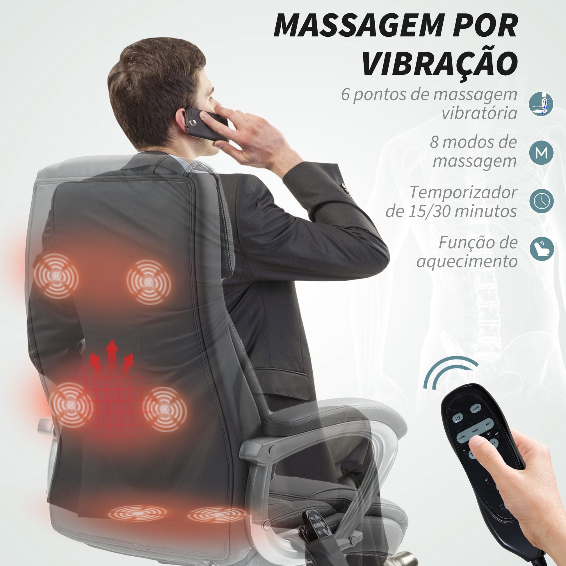 Cadeira de Escritório com Massagem Cadeira Giratória com Altura Ajustável Função de Aquecimento e Função de Inclinação Controlo Remoto para Estudo 66x72x113-121 cm Cinzento Escuro
