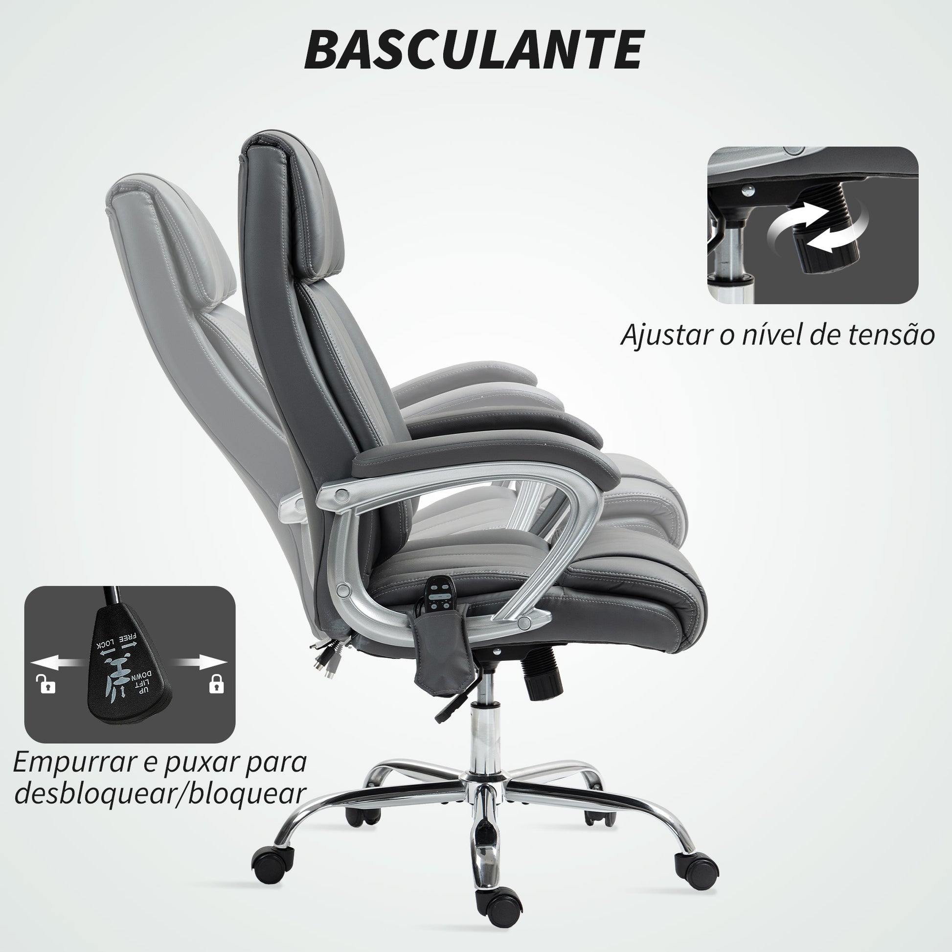 Cadeira de Escritório com Massagem Cadeira Giratória com Altura Ajustável Função de Aquecimento e Função de Inclinação Controlo Remoto para Estudo 66x72x113-121 cm Cinzento Escuro