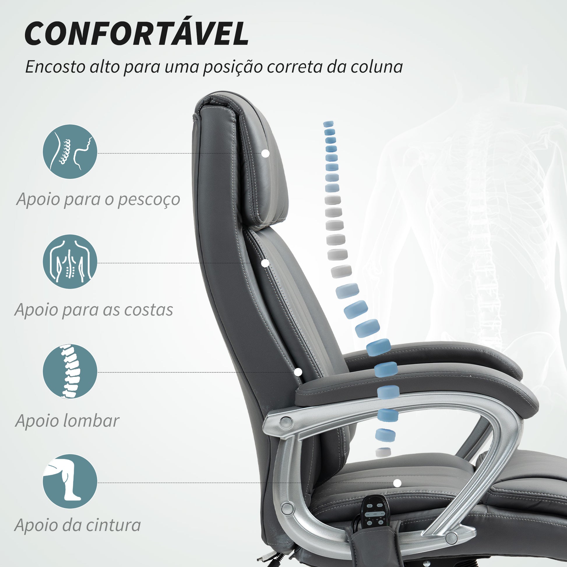 Cadeira de Escritório com Massagem Cadeira Giratória com Altura Ajustável Função de Aquecimento e Função de Inclinação Controlo Remoto para Estudo 66x72x113-121 cm Cinzento Escuro