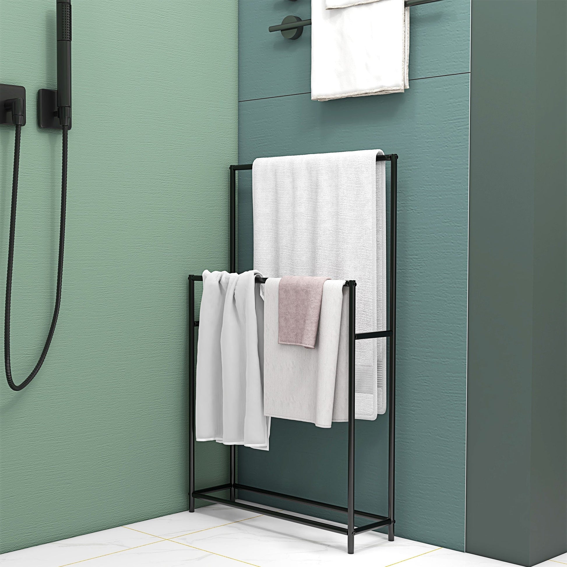 Toalheiro de Pé de 2 Níveis Toalheiro Casa de Banho com 2 Barras e Estrutura de Metal Toalheiro Moderno 66x20x110 cm Preto