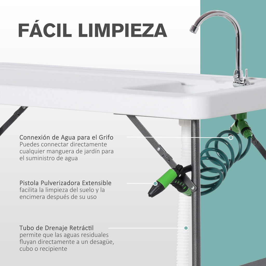 Mesa de piquenique dobrável com torneira de pia e pistola de irrigação extensível 114,5x59x94,5 cm Branco
