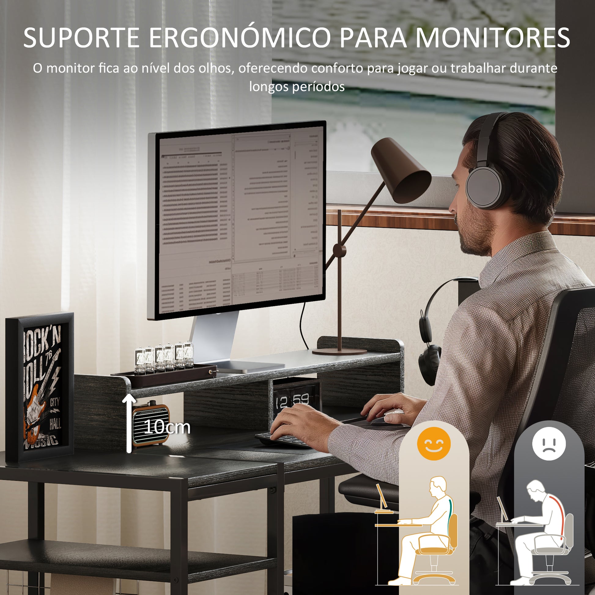 Secretária Moderna Mesa de Computador com Prateleiras Laterais Suporte para Monitor Ajustável e Estrutura Móvel para Casa Escritório Estúdio 120x48x85,5 cm Madeira Acinzentada