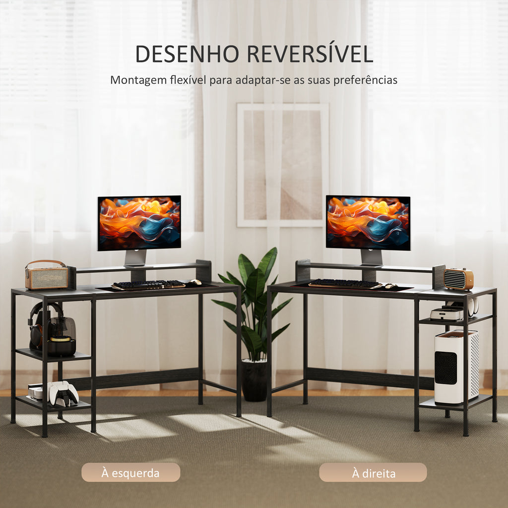 Secretária Moderna Mesa de Computador com Prateleiras Laterais Suporte para Monitor Ajustável e Estrutura Móvel para Casa Escritório Estúdio 120x48x85,5 cm Madeira Acinzentada