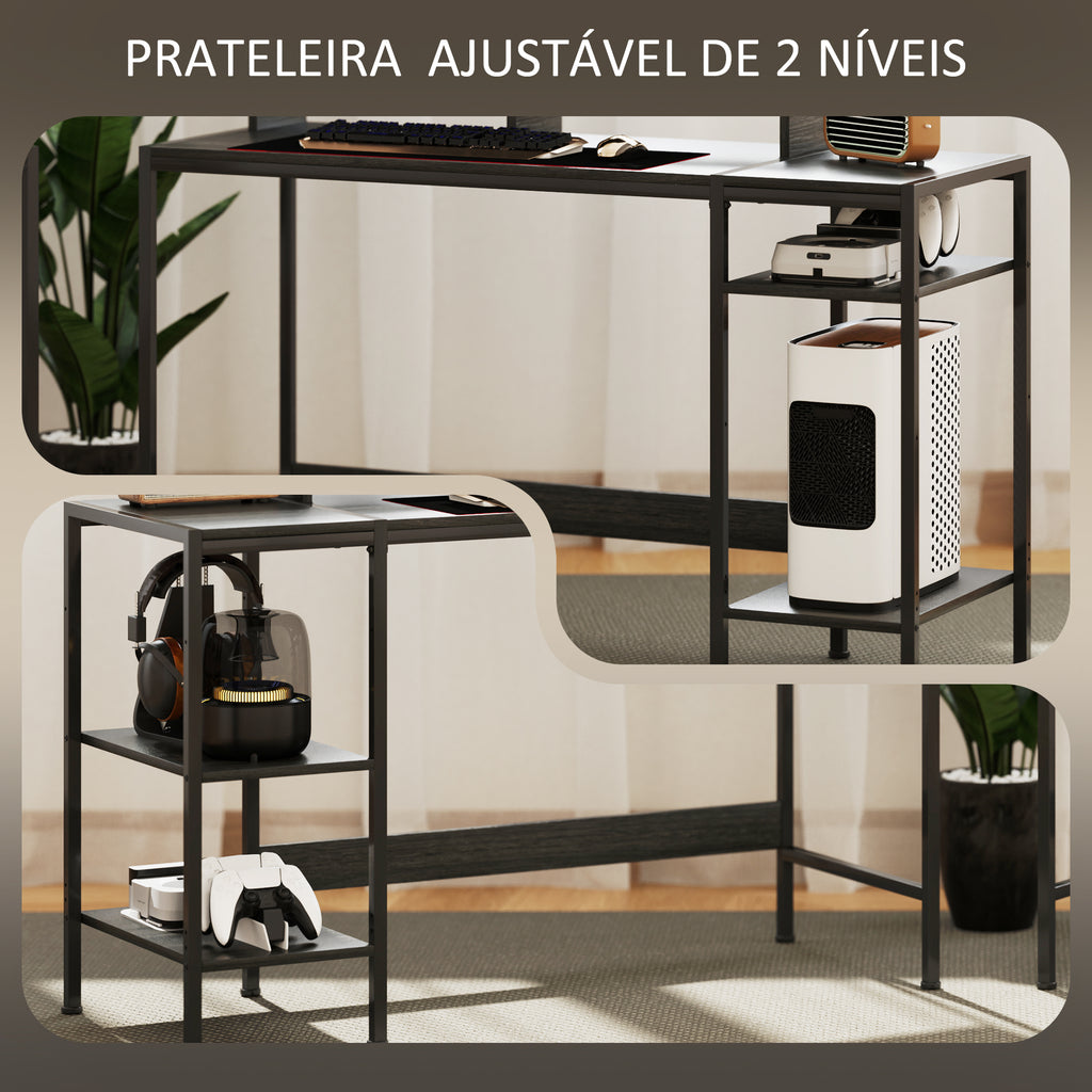 Secretária Moderna Mesa de Computador com Prateleiras Laterais Suporte para Monitor Ajustável e Estrutura Móvel para Casa Escritório Estúdio 120x48x85,5 cm Madeira Acinzentada