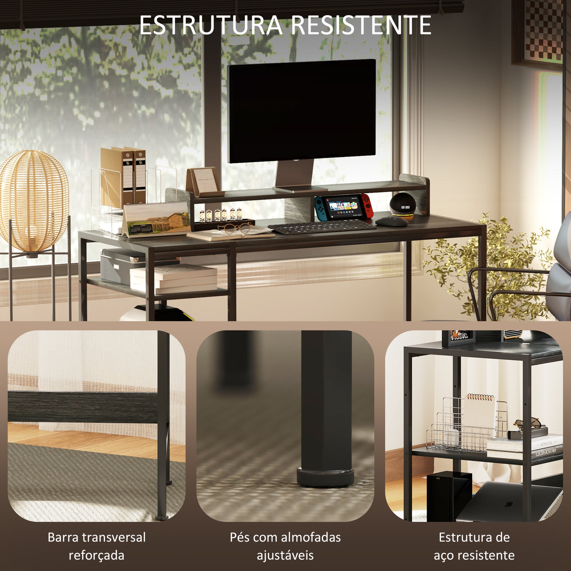 Secretária Moderna Mesa de Computador com Prateleiras Laterais Suporte para Monitor Ajustável e Estrutura Móvel para Casa Escritório Estúdio 120x48x85,5 cm Madeira Acinzentada