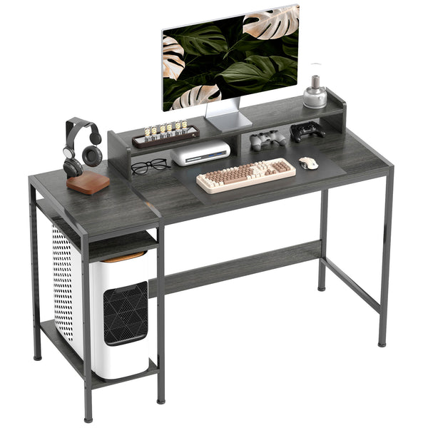 Secretária Moderna Mesa de Computador com Prateleiras Laterais Suporte para Monitor Ajustável e Estrutura Móvel para Casa Escritório Estúdio 120x48x85,5 cm Madeira Acinzentada