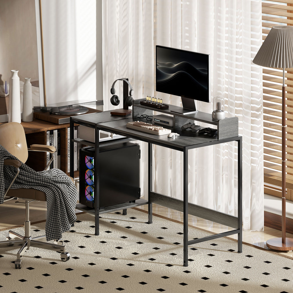 Secretária Moderna Mesa de Computador com Prateleiras Laterais Suporte para Monitor Ajustável e Estrutura Móvel para Casa Escritório Estúdio 120x48x85,5 cm Madeira Acinzentada