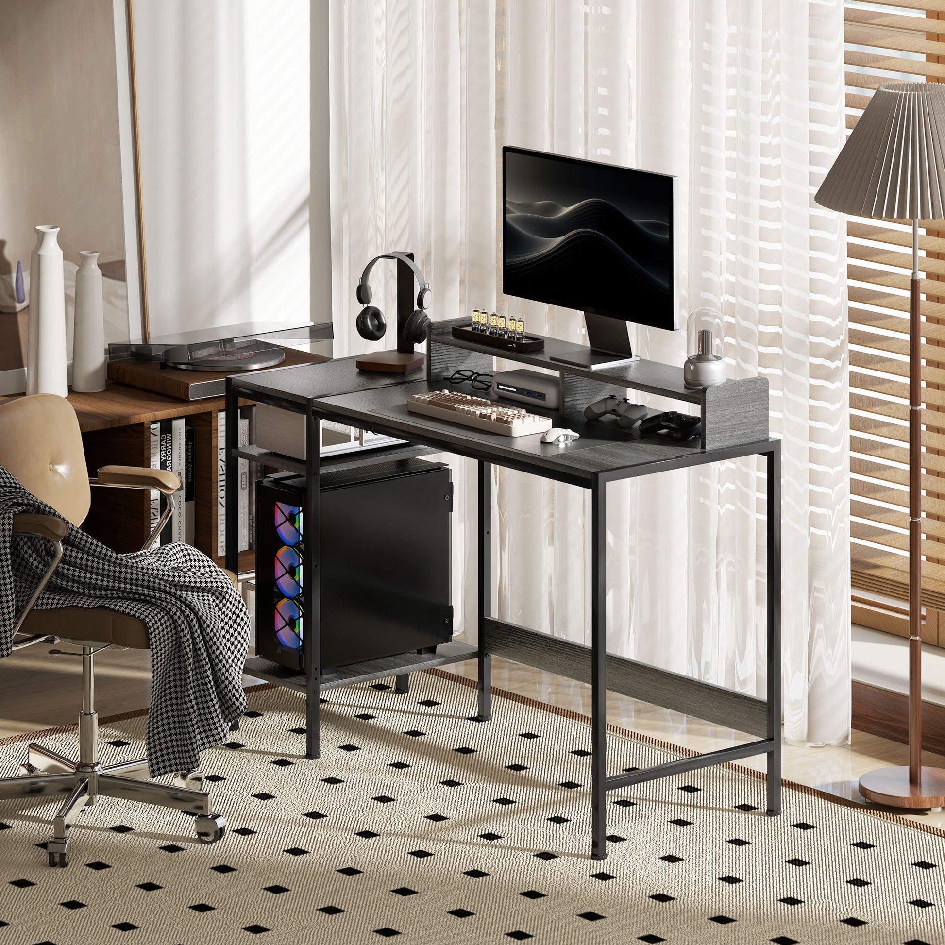 Secretária Moderna Mesa de Computador com Prateleiras Laterais Suporte para Monitor Ajustável e Estrutura Móvel para Casa Escritório Estúdio 120x48x85,5 cm Madeira Acinzentada