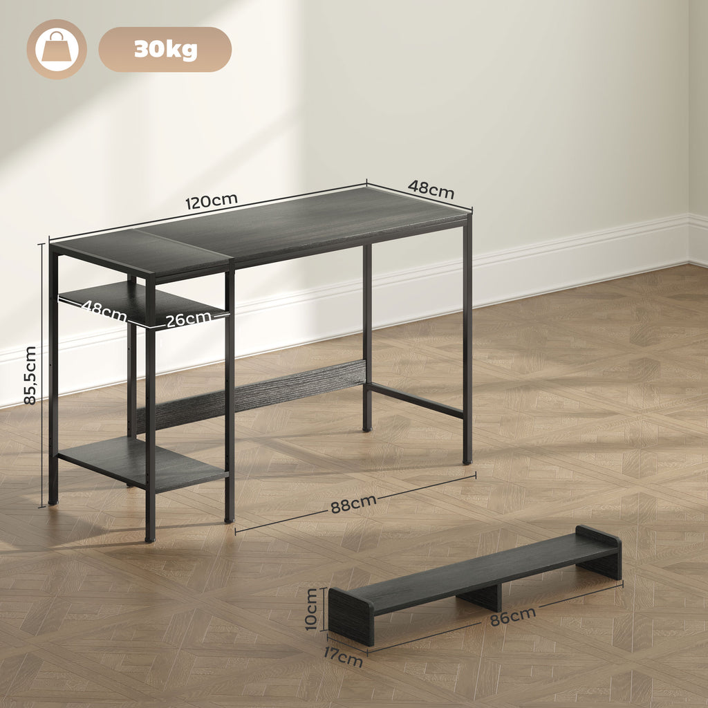 Secretária Moderna Mesa de Computador com Prateleiras Laterais Suporte para Monitor Ajustável e Estrutura Móvel para Casa Escritório Estúdio 120x48x85,5 cm Madeira Acinzentada