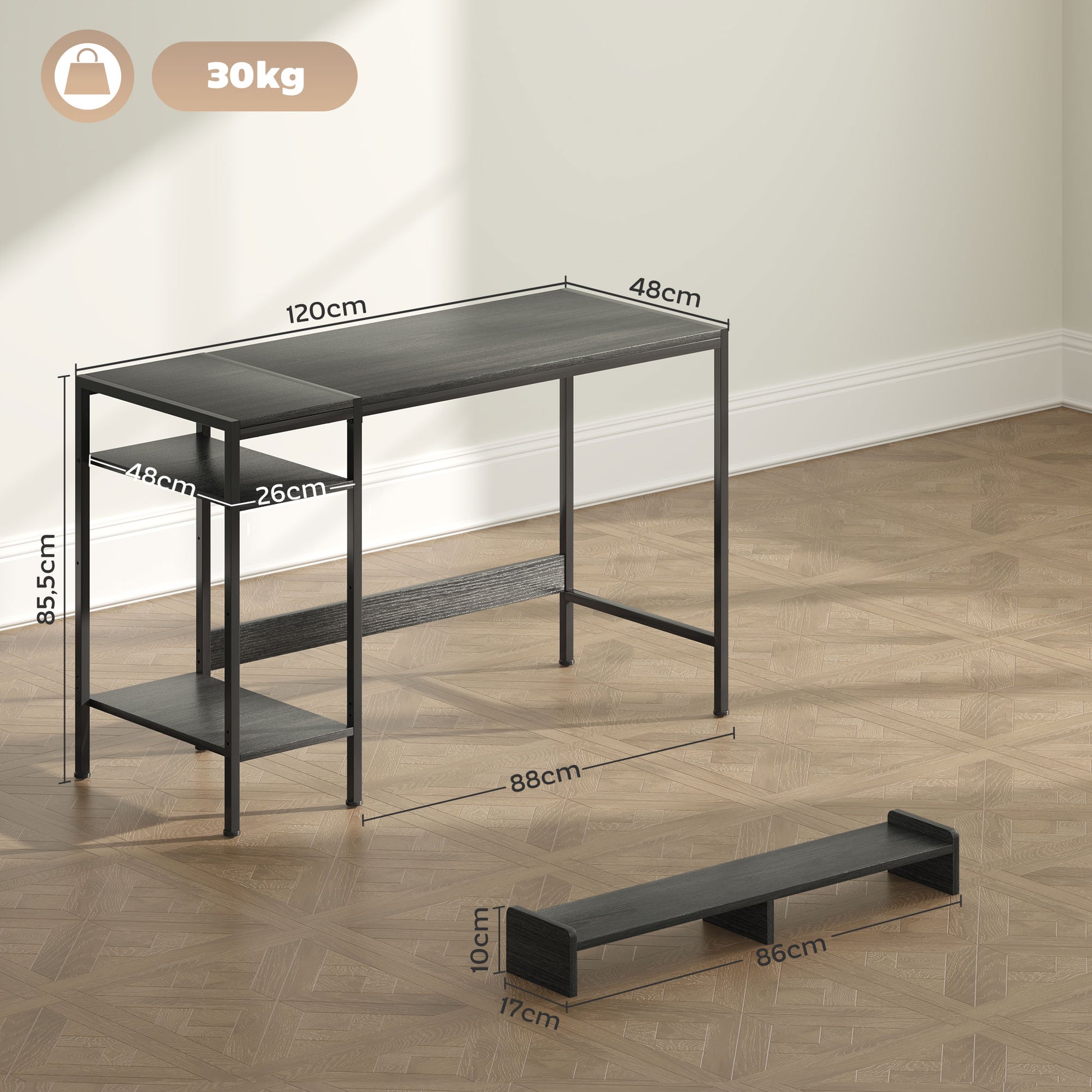 Secretária Moderna Mesa de Computador com Prateleiras Laterais Suporte para Monitor Ajustável e Estrutura Móvel para Casa Escritório Estúdio 120x48x85,5 cm Madeira Acinzentada