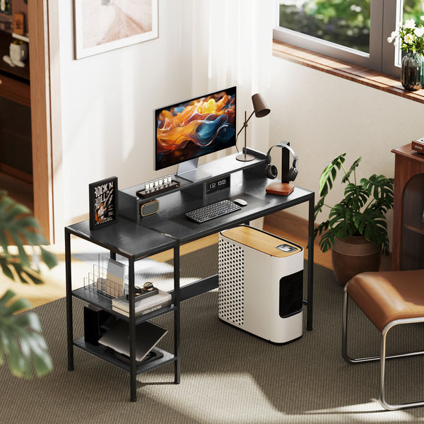 Secretária Moderna Mesa de Computador com Prateleiras Laterais Suporte para Monitor Ajustável e Estrutura Móvel para Casa Escritório Estúdio 120x48x85,5 cm Madeira Acinzentada