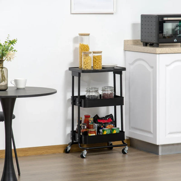 Carrinho de Cozinha com Rodas Carrinho de Armazenamento de 3 Níveis e Rodas com Freio para Sala de Estar Dormitório Escritório 46x34,5x76,5cm Preto
