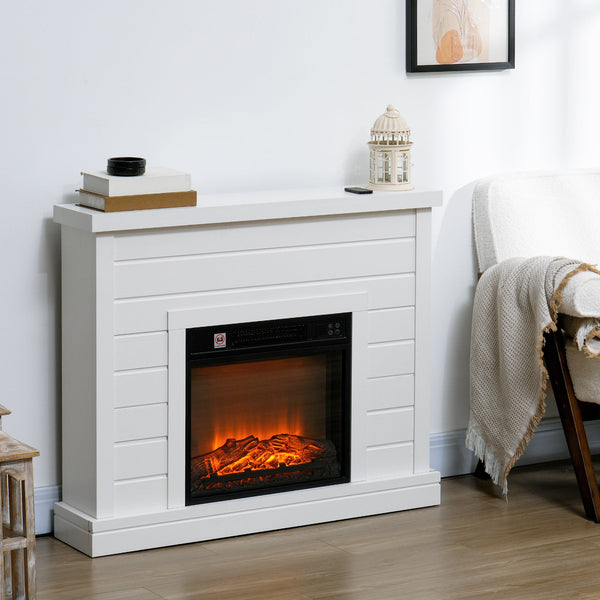 Lareira Elétrica 1800W Lareira Decorativa com Efeito de Chama Realista Controlo Remoto Temporizador Semanal Proteção Contra Sobreaquecimento para Ambientes de 30 m² 96,5x22x81,7 cm Branco