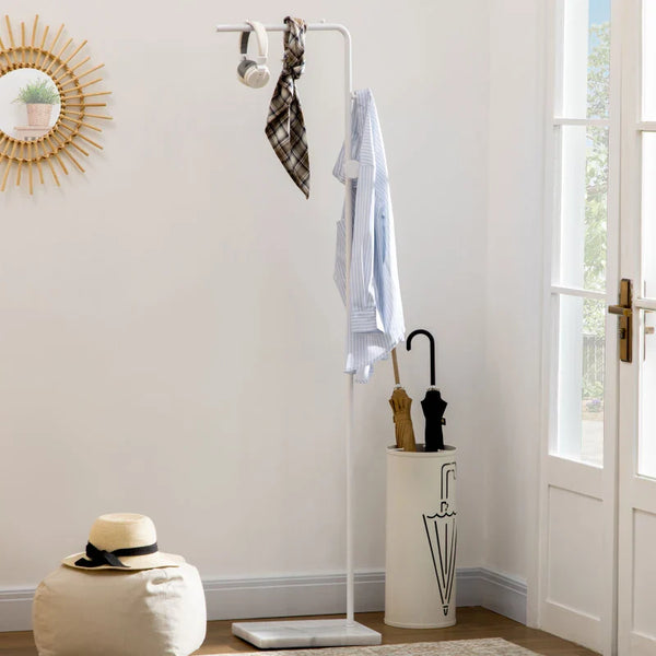 Cabide de Pé Elegante Cabide de Pé para Abrigos com 2 Ganchos Redondos Suspensos e Base de Mármore para Dormitório Corredor Entrada 35x25x170cm Branco