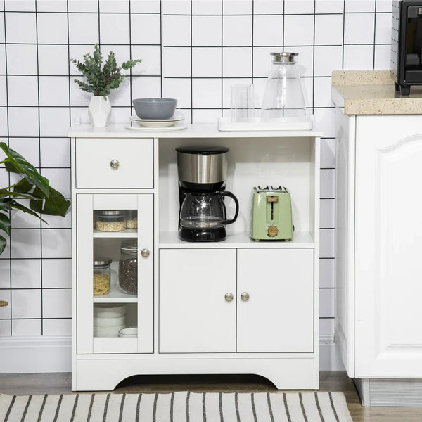 Aparador de Cozinha Moderno com Porta de Vidro Gaveta Prateleira Aberta e Prateleiras Ajustáveis Móvel Auxiliar de Armazenamento para Sala de Jantar Sala de Estar 80x30x82cm Branco