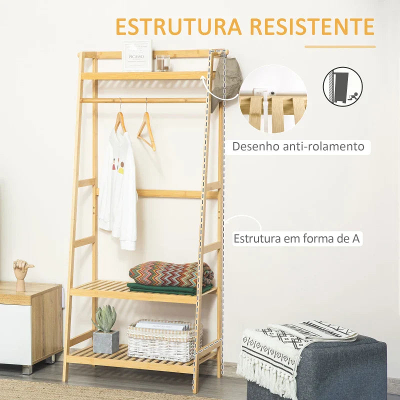 Suporte para Cabides de Bambu Cabideiro com Prateleira de 3 Níveis com Barra e Cabide Lateral para Roupas Bolsas 70x42x164cm Madeira