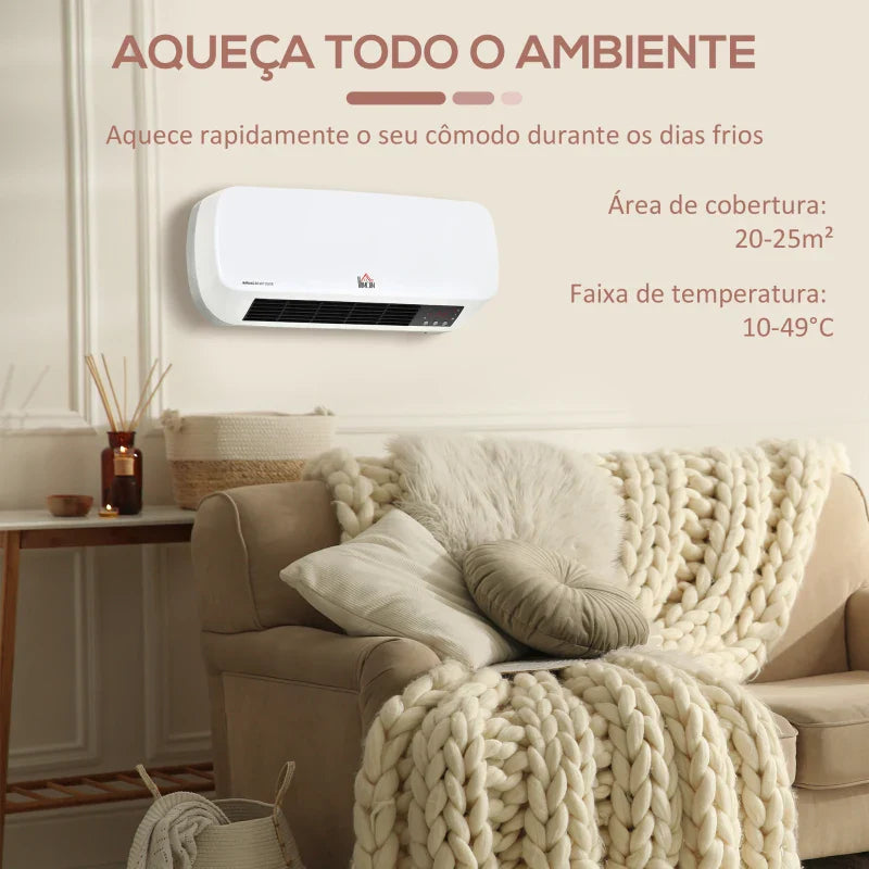 Aquecedor Cerâmico de Parede 1000W/2000W com Controle Remoto 3 Modos de Aquecimento Temporizador de 12h Termostato e Proteção contra Superaquecimento 45x18,6x11,5cm Branco