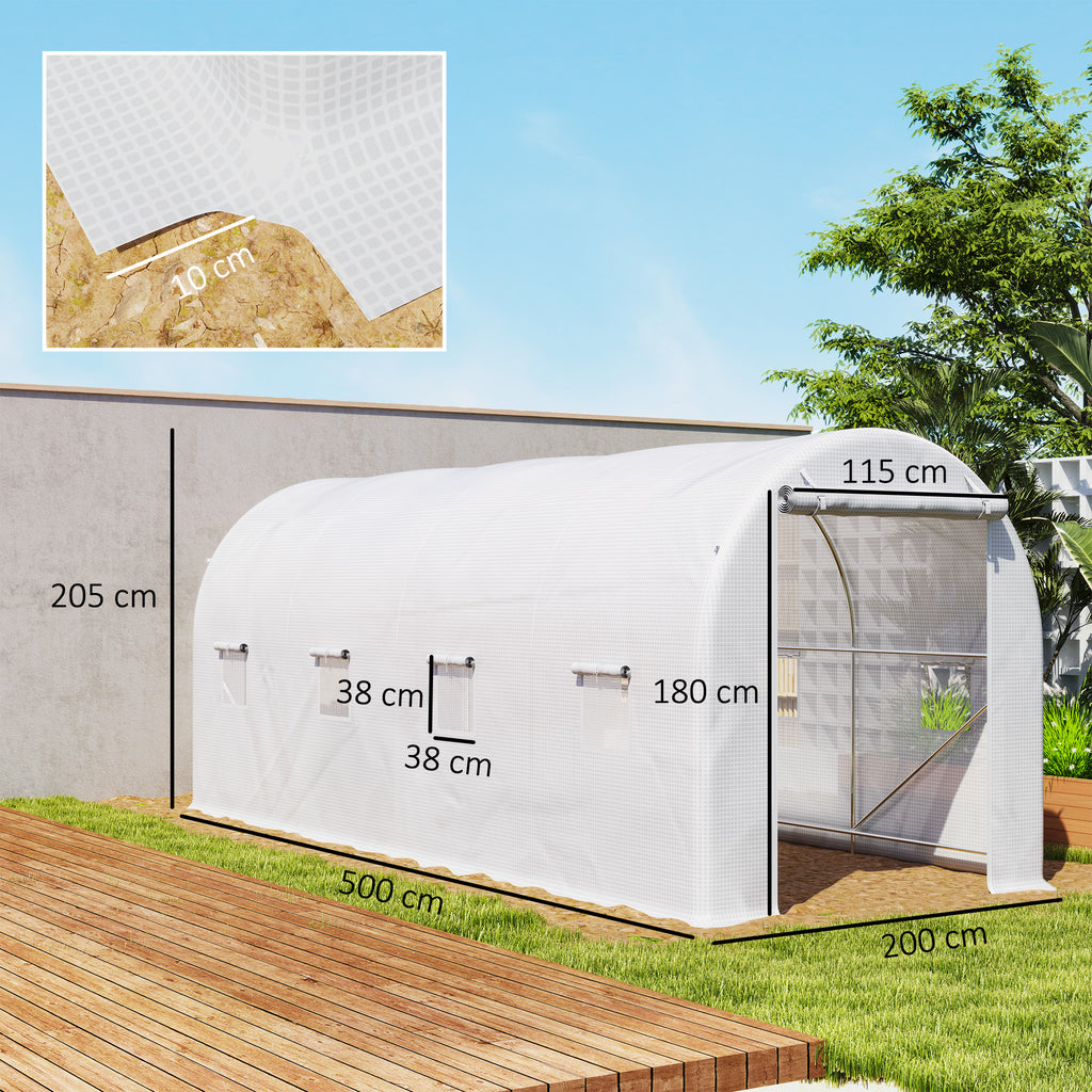 Estufa tipo Túnel 500x200x205 cm Estufa de Jardim com Porta Enrolável e 8 Janelas Cobertura de PE 140 g/m² Estrutura de Metal para Cultivo de Plantas Verduras Branco