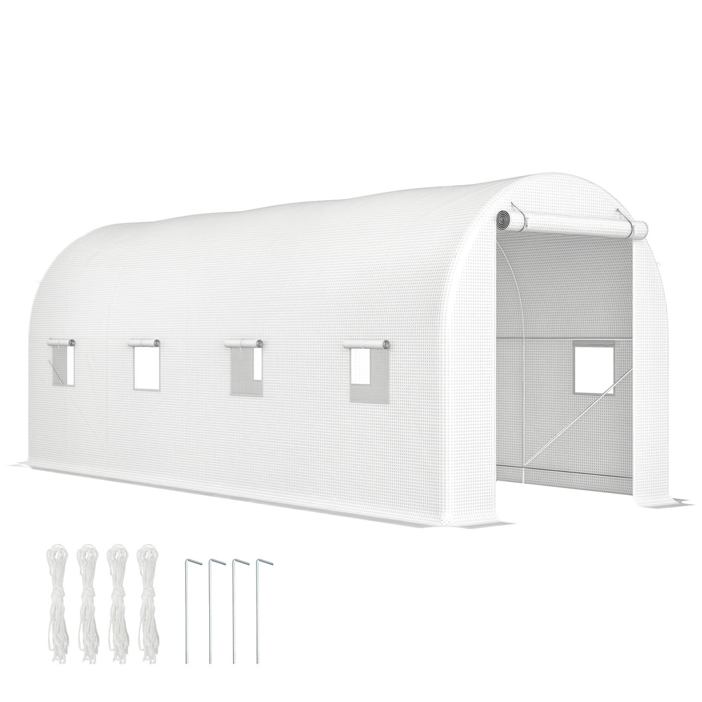 Estufa tipo Túnel 500x200x205 cm Estufa de Jardim com Porta Enrolável e 8 Janelas Cobertura de PE 140 g/m² Estrutura de Metal para Cultivo de Plantas Verduras Branco