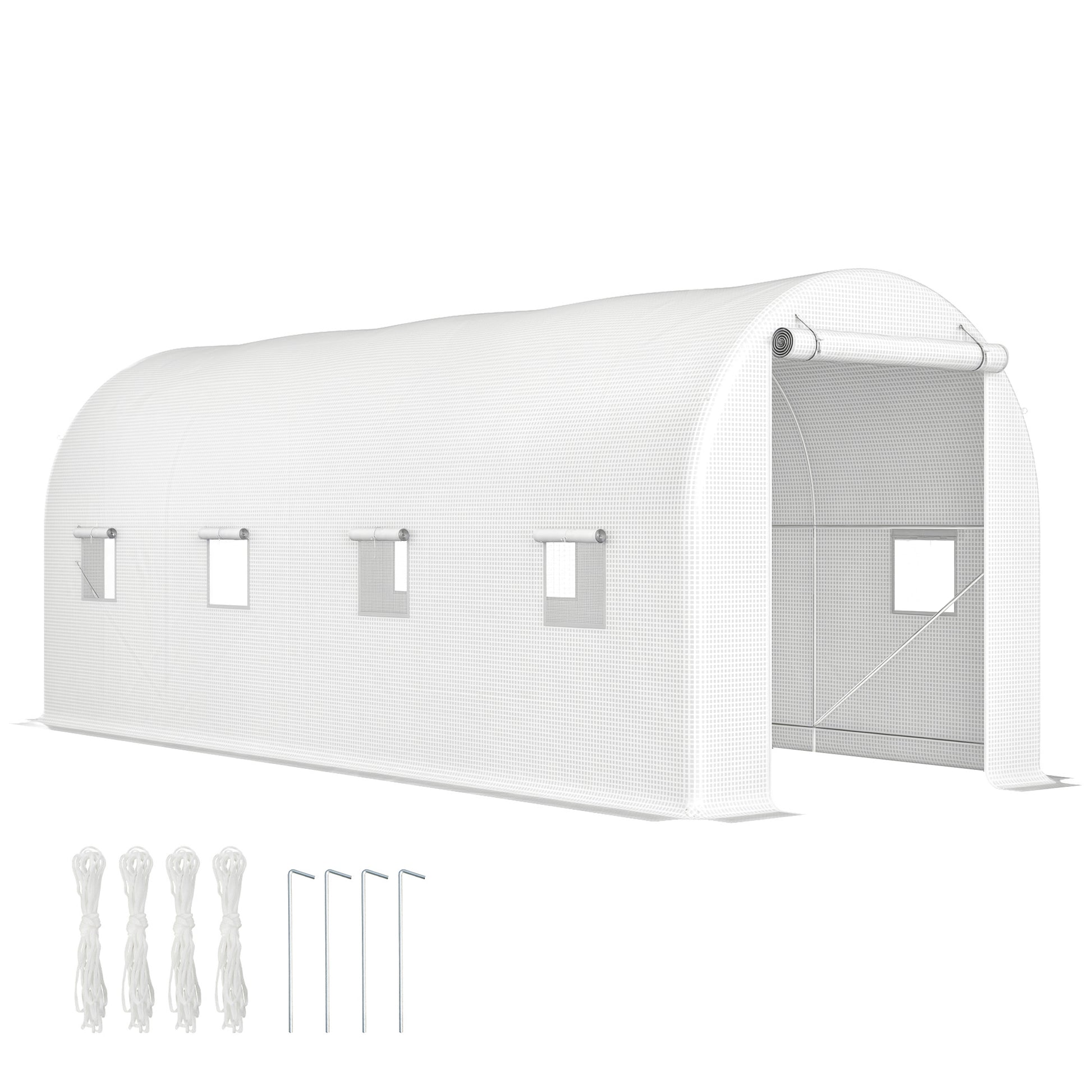Estufa tipo Túnel 500x200x205 cm Estufa de Jardim com Porta Enrolável e 8 Janelas Cobertura de PE 140 g/m² Estrutura de Metal para Cultivo de Plantas Verduras Branco