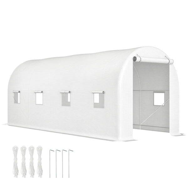 Estufa tipo Túnel 500x200x205 cm Estufa de Jardim com Porta Enrolável e 8 Janelas Cobertura de PE 140 g/m² Estrutura de Metal para Cultivo de Plantas Verduras Branco