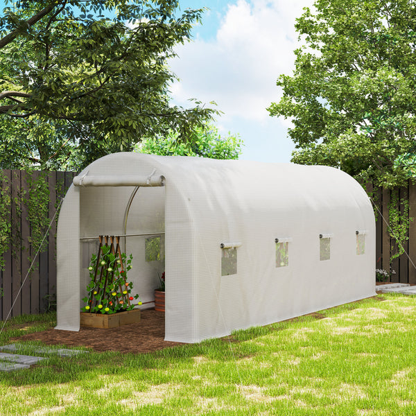 Estufa tipo Túnel 500x200x205 cm Estufa de Jardim com Porta Enrolável e 8 Janelas Cobertura de PE 140 g/m² Estrutura de Metal para Cultivo de Plantas Verduras Branco