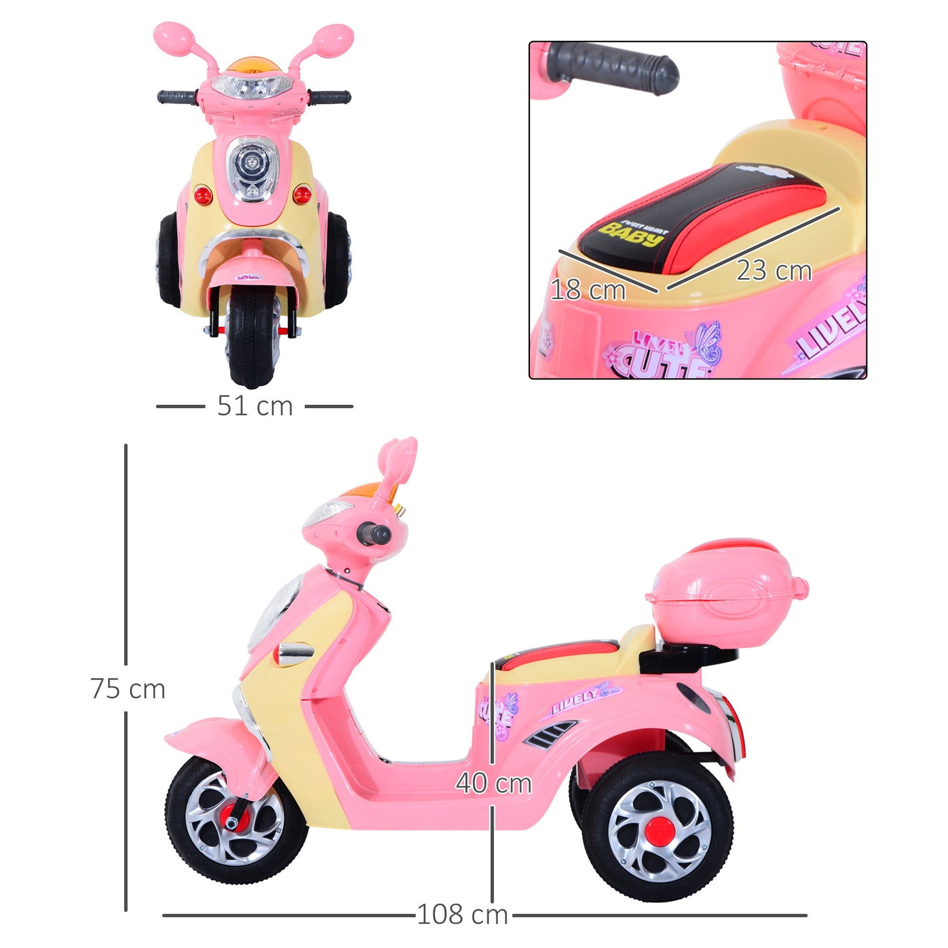 ® Carro de triciclo Moto elétrica infantil com Bateria para crianças com mais de 3 anos 108x51x75cm Rosa