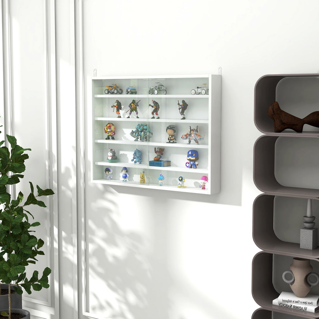 Vitrine de Parede de Madeira com Prateleiras Ajustáveis e 2 Portas Corredeiras de Vidro para Coleções Perfumes Bonecos de Decoração 80x9,5x60cm Branco