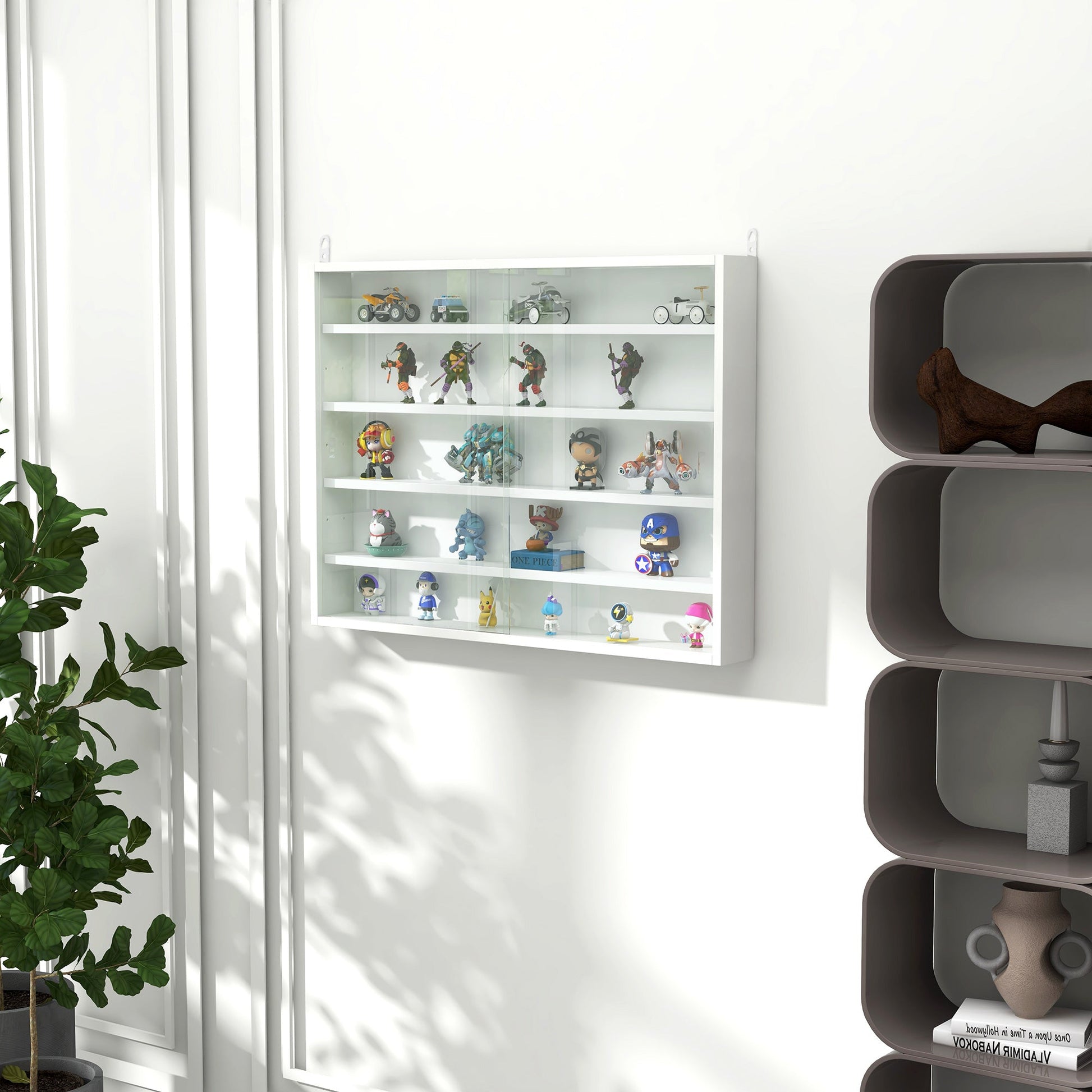 Vitrine de Parede de Madeira com Prateleiras Ajustáveis e 2 Portas Corredeiras de Vidro para Coleções Perfumes Bonecos de Decoração 80x9,5x60cm Branco
