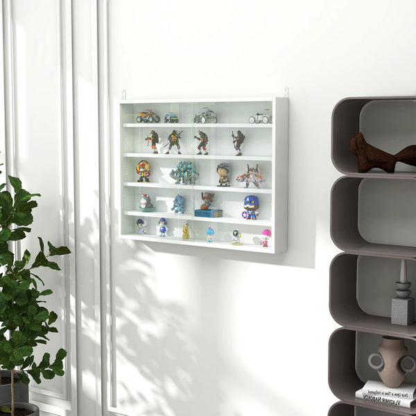 Vitrine de Parede de Madeira com Prateleiras Ajustáveis e 2 Portas Corredeiras de Vidro para Coleções Perfumes Bonecos de Decoração 80x9,5x60cm Branco