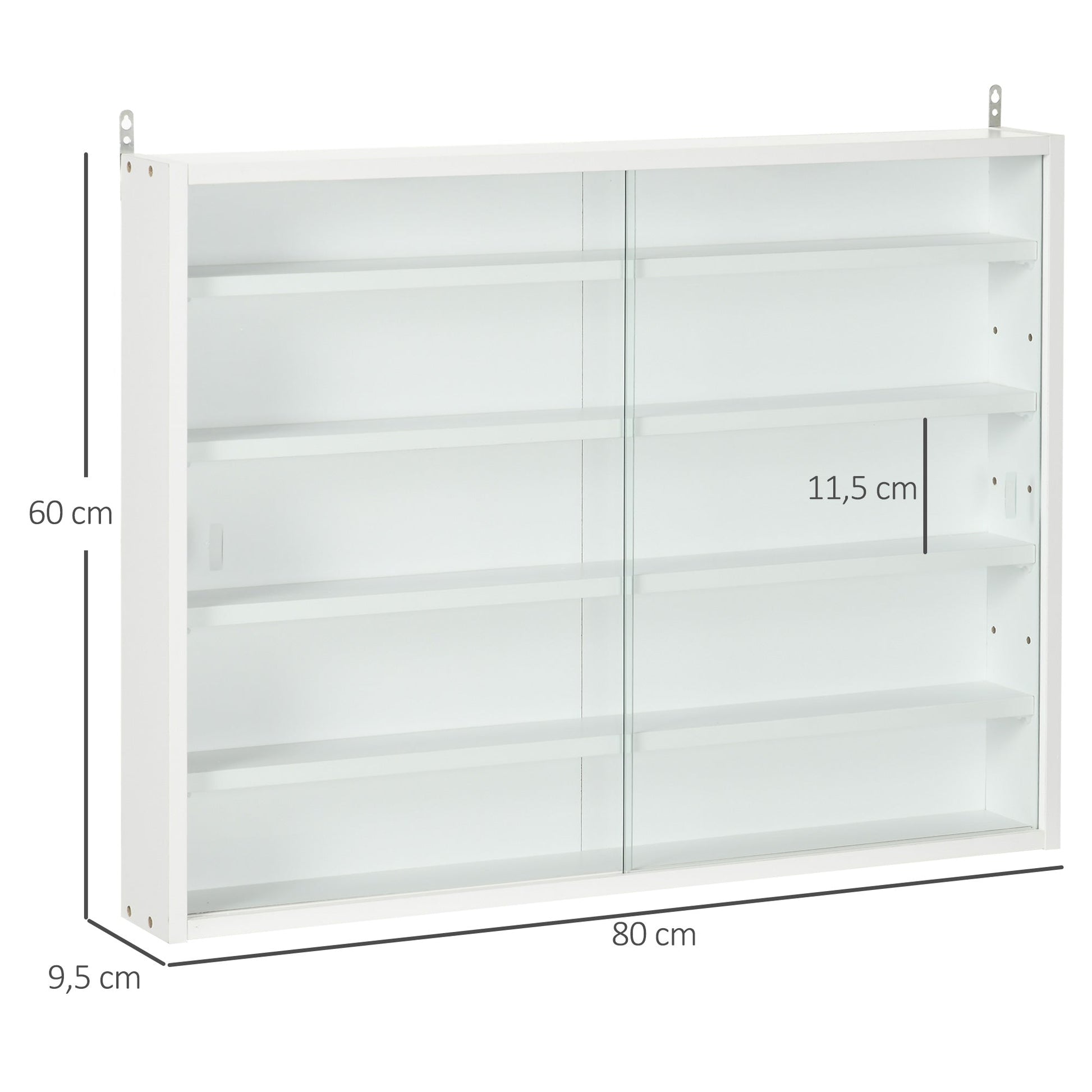 Vitrine de Parede de Madeira com Prateleiras Ajustáveis e 2 Portas Corredeiras de Vidro para Coleções Perfumes Bonecos de Decoração 80x9,5x60cm Branco