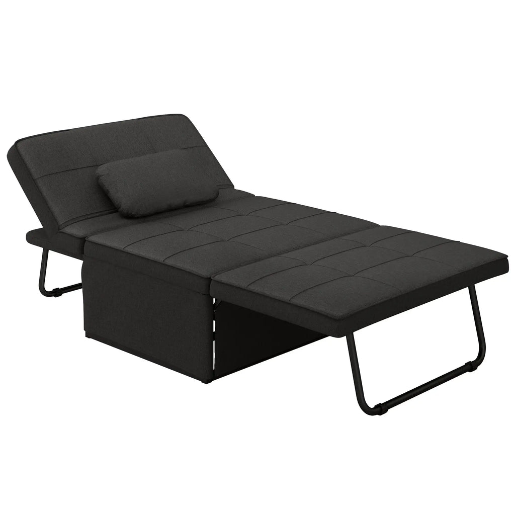 Sofá Cama Individual 3 em 1 Estofado em Linho Sofá Reclinável em 5 Posições com Apoio para os Pés e Apoio para a Cabeça para Sala de Estar Carga Máxima 200kg 95x189x43 cm Preto