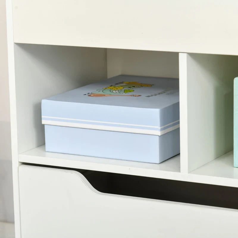 Estante de Madeira para Brinquedos com 3 Compartimentos 2 Cubos e Gaveta Móvel com 4 Rodas Estante para Livros Infantil para Dormitório Infantil Sala de Jogos 60x29,9x90cm Branco