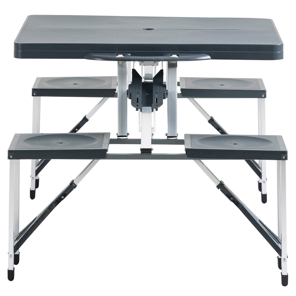 Mesa de Campismo Dobrável Mesa Campismo Portátil com 4 Assentos e Orifício para Chapéu de Sol Alumínio para Praia Piquenique 136x84,5x66cm Cinza