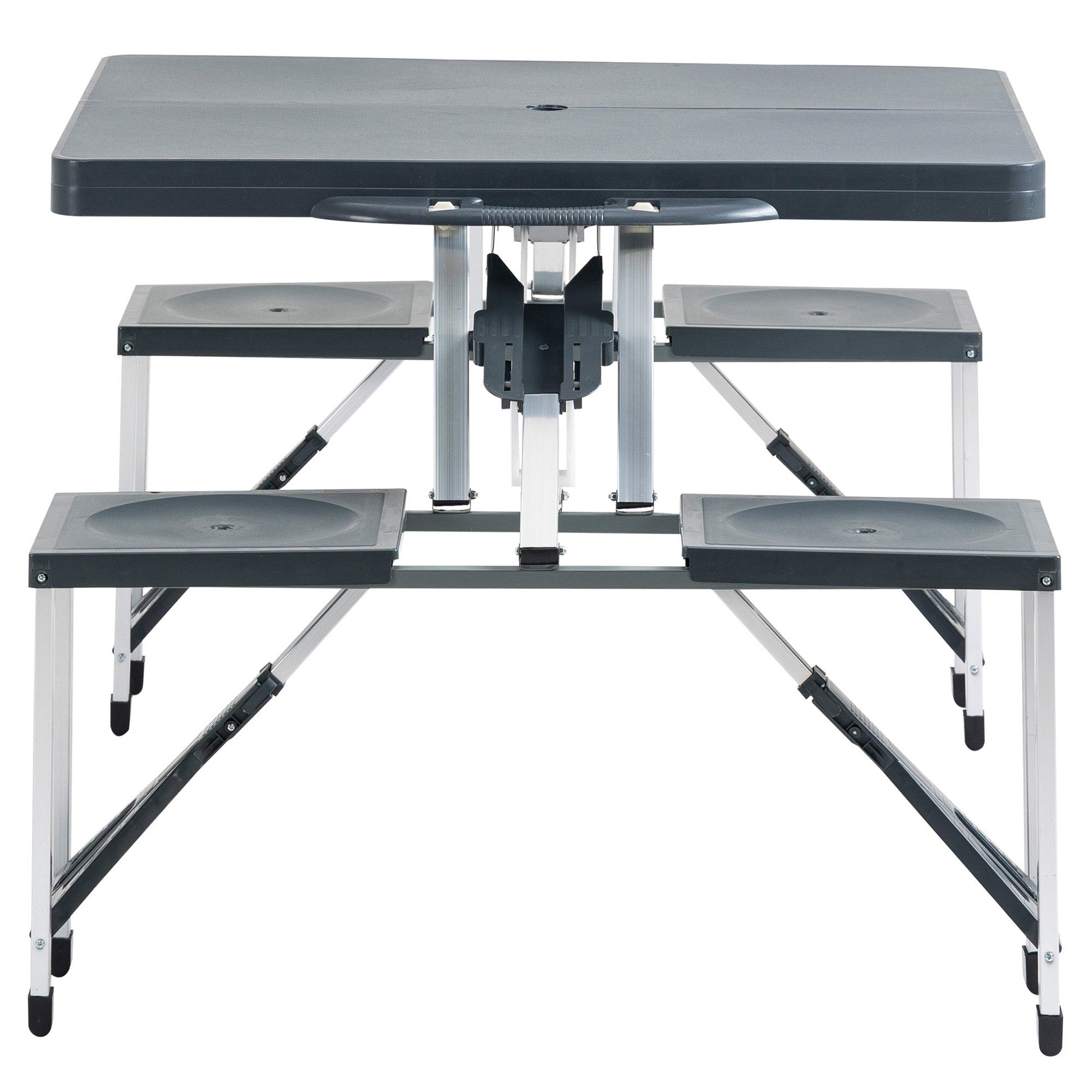 Mesa de Campismo Dobrável Mesa Campismo Portátil com 4 Assentos e Orifício para Chapéu de Sol Alumínio para Praia Piquenique 136x84,5x66cm Cinza