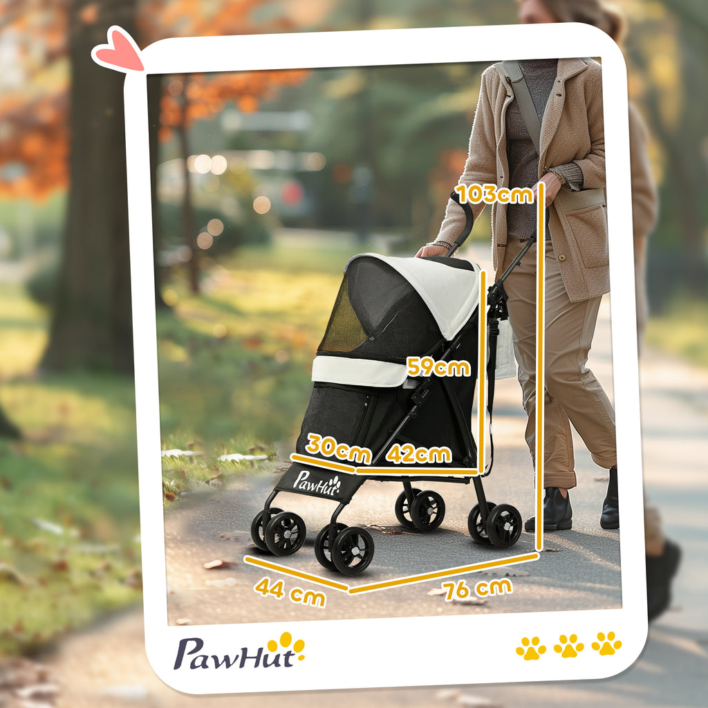 PawHut Carrinho para Cães Pequenos com Estrutura Compacta Carrinho Dobrável com Colchão Lavável Suporte para Copos Janelas de Rede e Bolsa de Arrumação 76x44x103 cm Creme