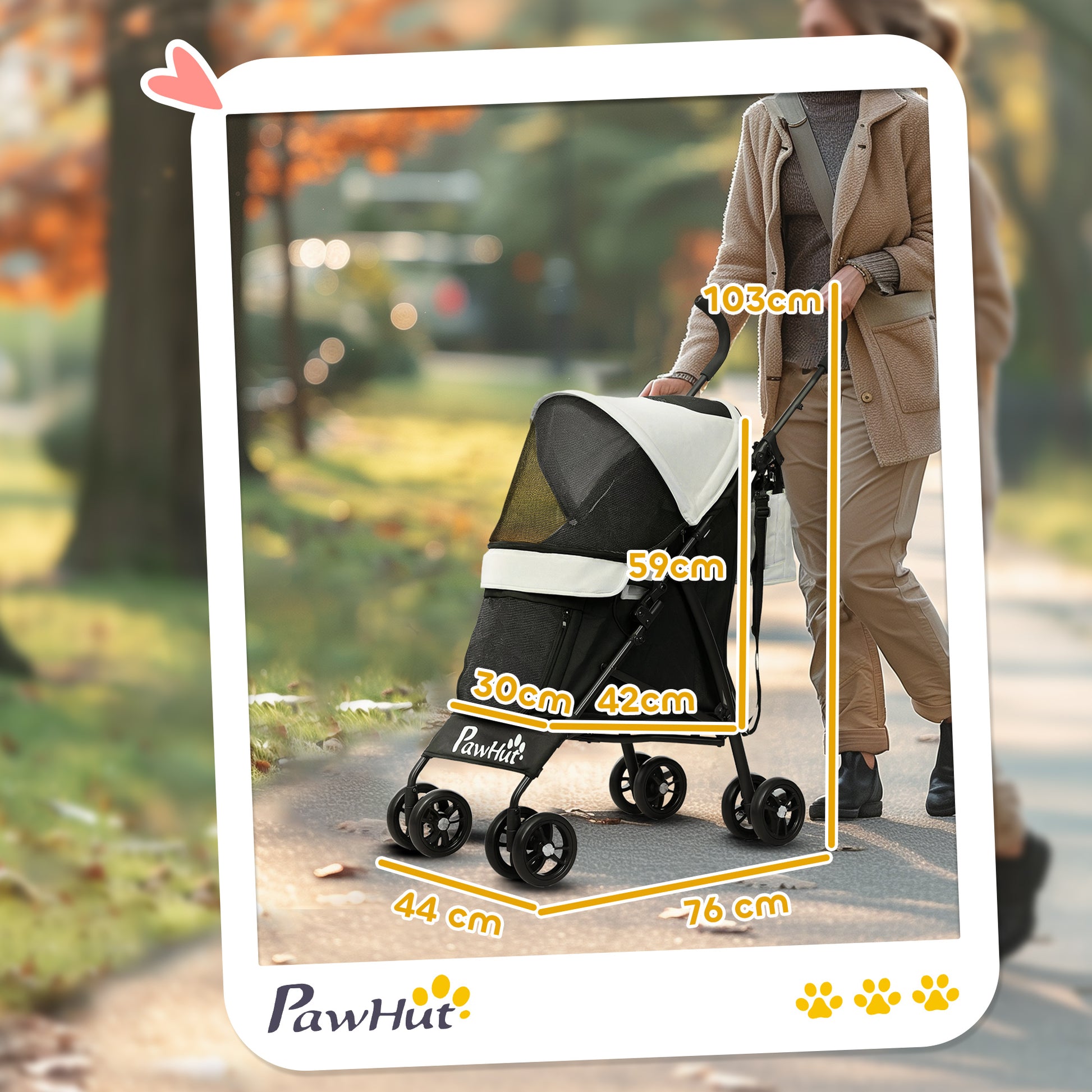 PawHut Carrinho para Cães Pequenos com Estrutura Compacta Carrinho Dobrável com Colchão Lavável Suporte para Copos Janelas de Rede e Bolsa de Arrumação 76x44x103 cm Creme